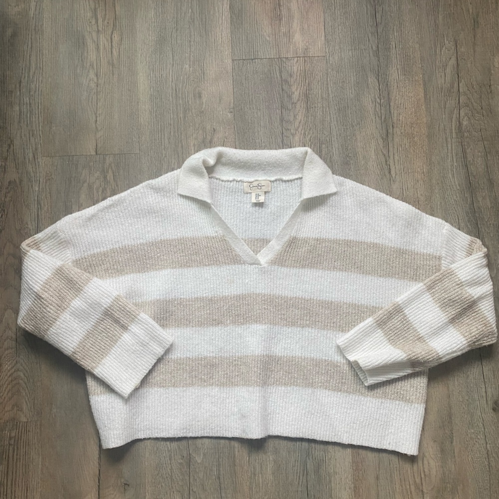 Striped V-Neck Sweater - White and Tan